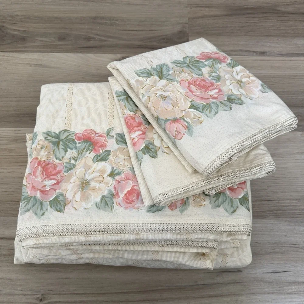 Vintage 1986 Eileen West 4PC KING Sheet Set Tan Gold‎ Floral Cottage Farmhouse
